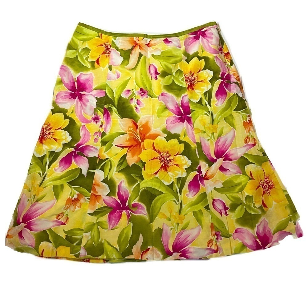 VTG Talbots Vibrant Yellow Pink Floral Print Midi Skirt 14 summer or spring